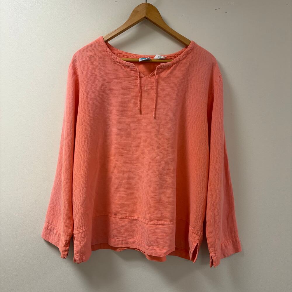 WEK Woman cPeach Long-Sleeve Cotton Popover Blouse Minimalist Beach Boho XL